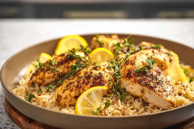 One Pot Lemon Herb Chicken and Rice with vibrant herbs and lemon slices