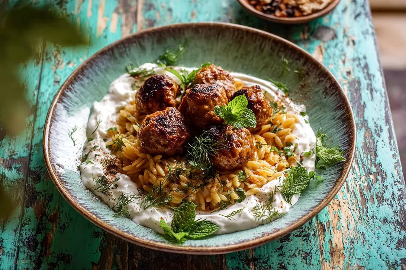One Skillet Greek Meatballs served with lemon butter orzo and whipped feta.