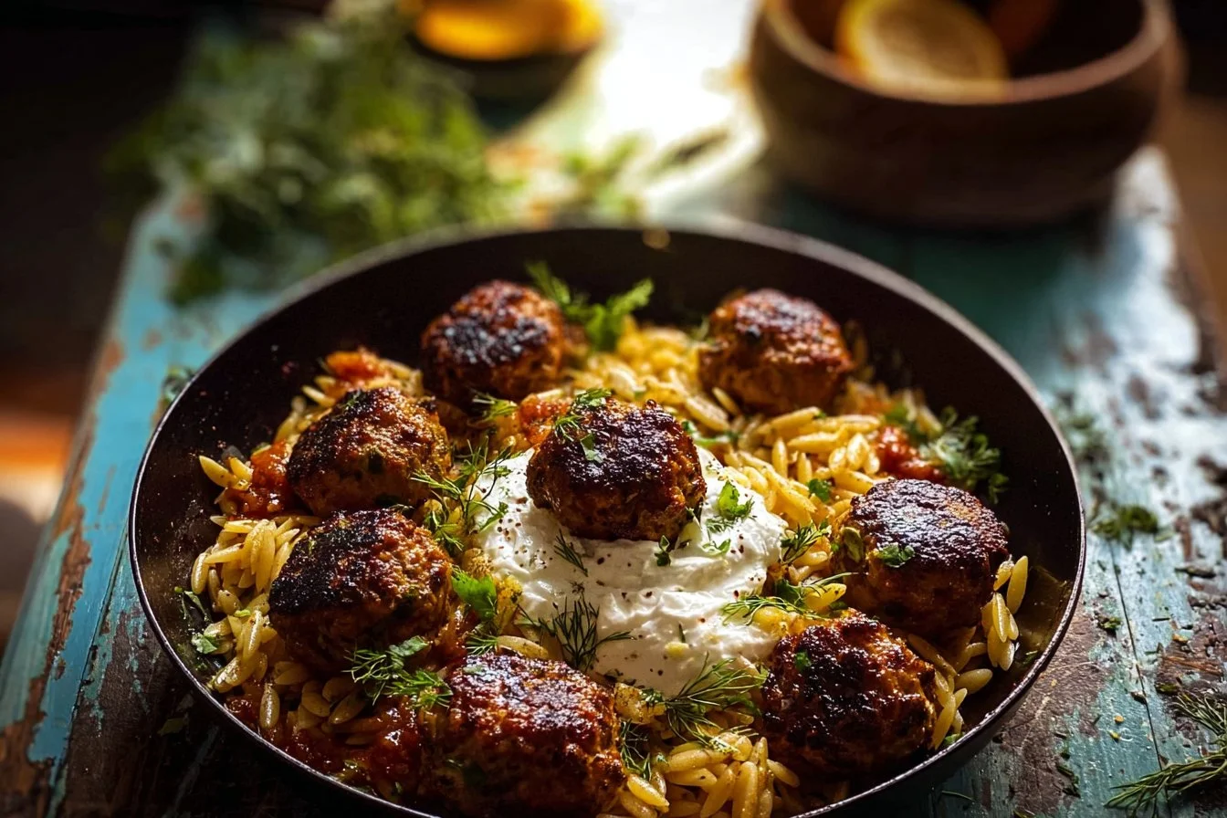 One Skillet Greek Meatballs and Lemon Butter Orzo with Whipped Feta