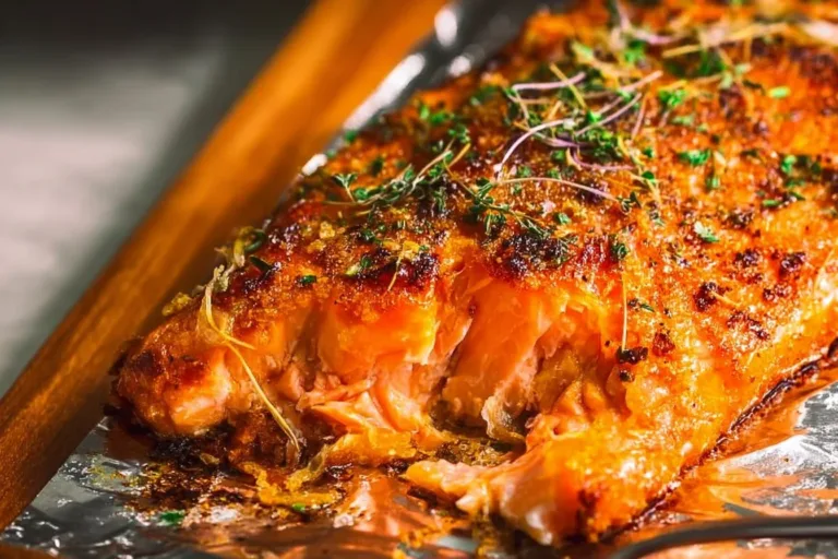 Oven baked salmon fillet on a plate garnished with herbs and lemon