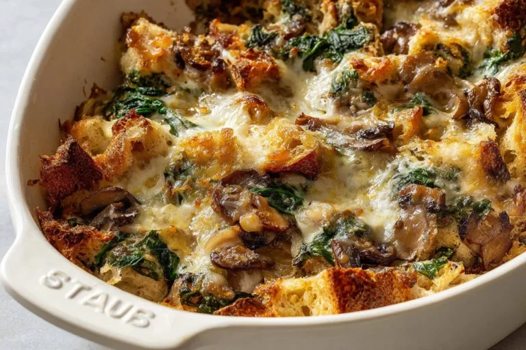 Overnight Croissant Breakfast Bake topped with cheese and herbs in a baking dish