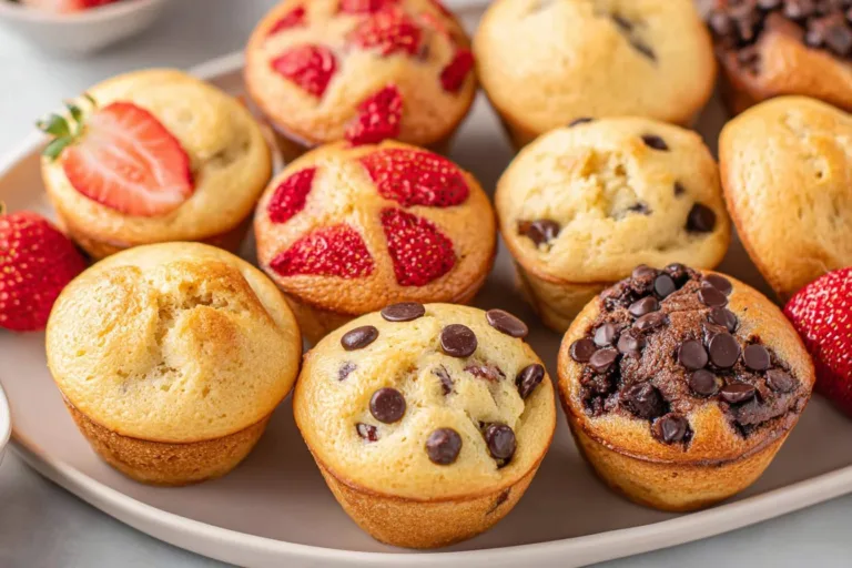 Delicious pancake mini muffins served on a plate with syrup and fruit garnish.