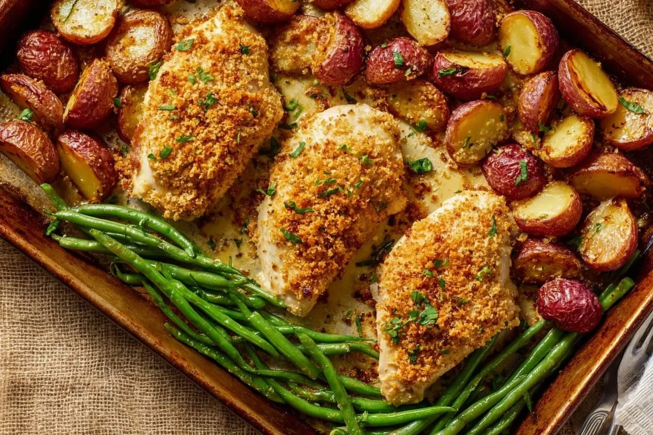 Parmesan Crusted Chicken Sheet Pan Dinner with veggies