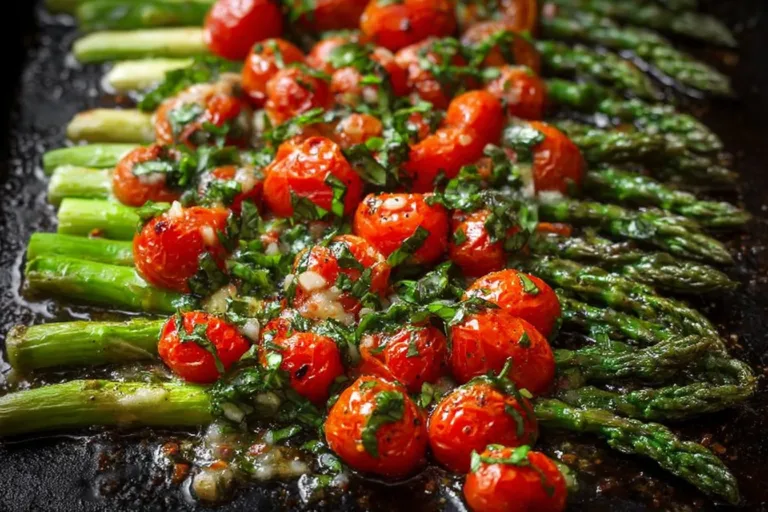 Plate of Parmesan Roasted Asparagus with Tomatoes and Balsamic glaze