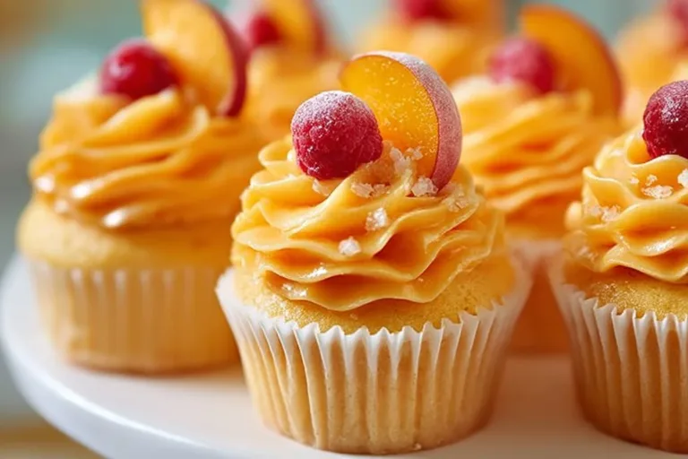Peach Bellini Cupcakes topped with peach frosting and garnished with fresh fruit.