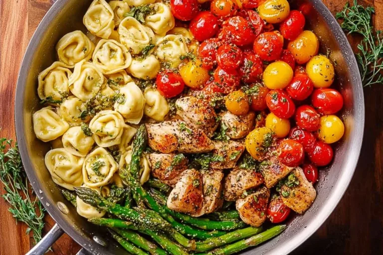 Pesto Chicken Tortellini dish topped with fresh vegetables.