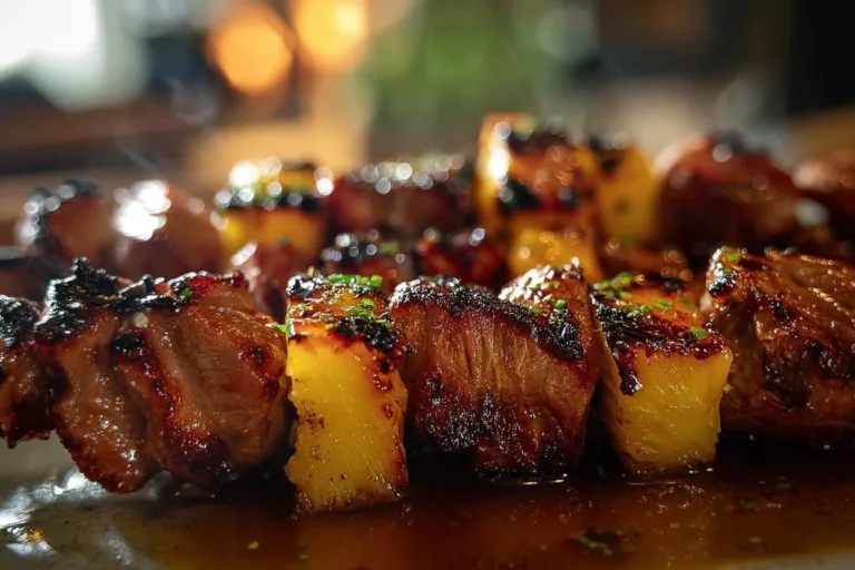 Juicy pineapple BBQ pork skewers on a grill, showcasing quick and easy grilling.
