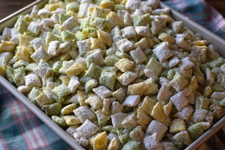 Bowl of homemade pistachio puppy chow treat with green and white colors.