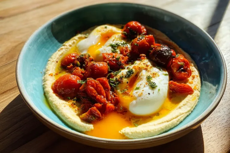 Poached eggs served with roasted tomatoes and hummus on a plate