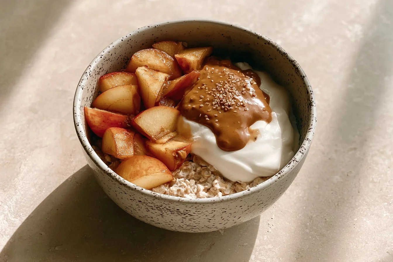 Bowl of porridge with cinnamon apples topping for a healthy breakfast