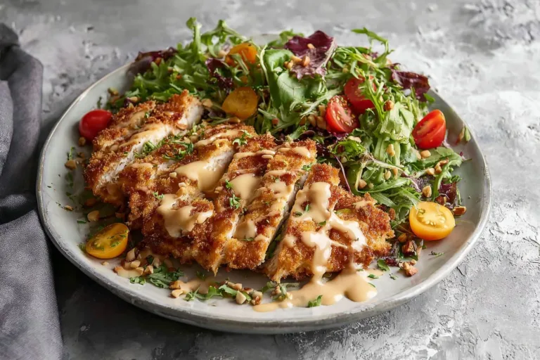Plate of Pretzel Crusted Chicken with a side of dipping sauce