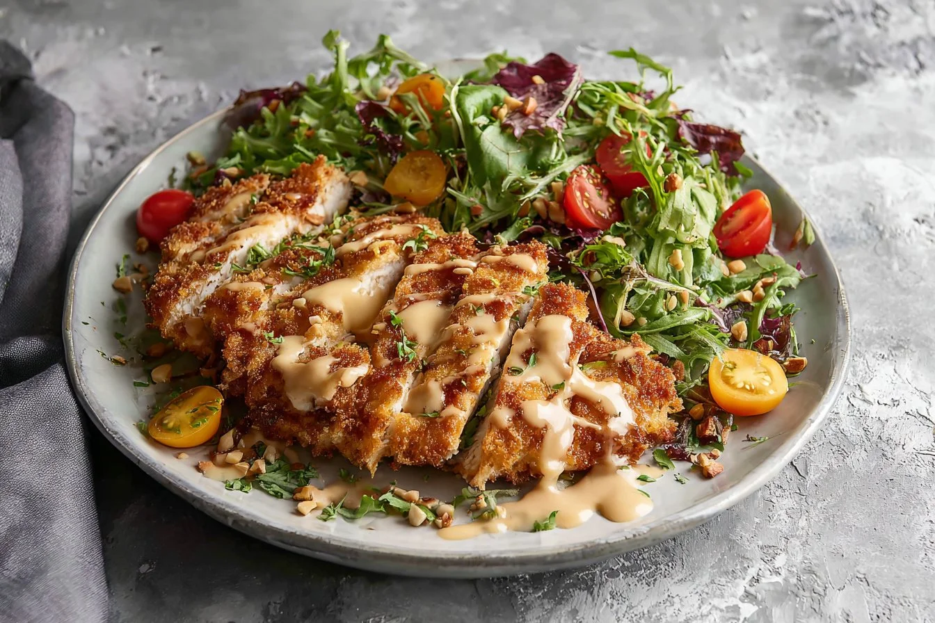 Plate of Pretzel Crusted Chicken with a side of dipping sauce
