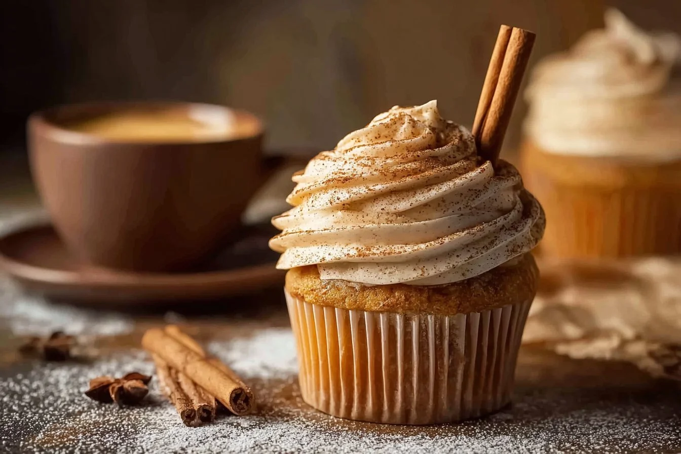 Pumpkin Chai Cupcakes topped with creamy frosting on a plate
