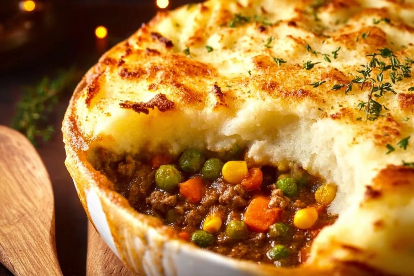 Quick and easy Shepherd's Pie topped with golden mashed potatoes