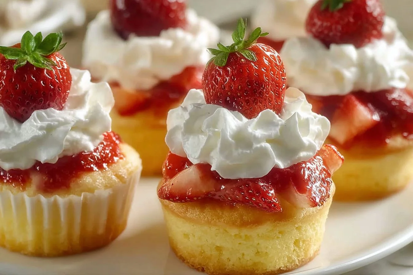 Quick Strawberry Shortcake Cups topped with fresh strawberries and whipped cream