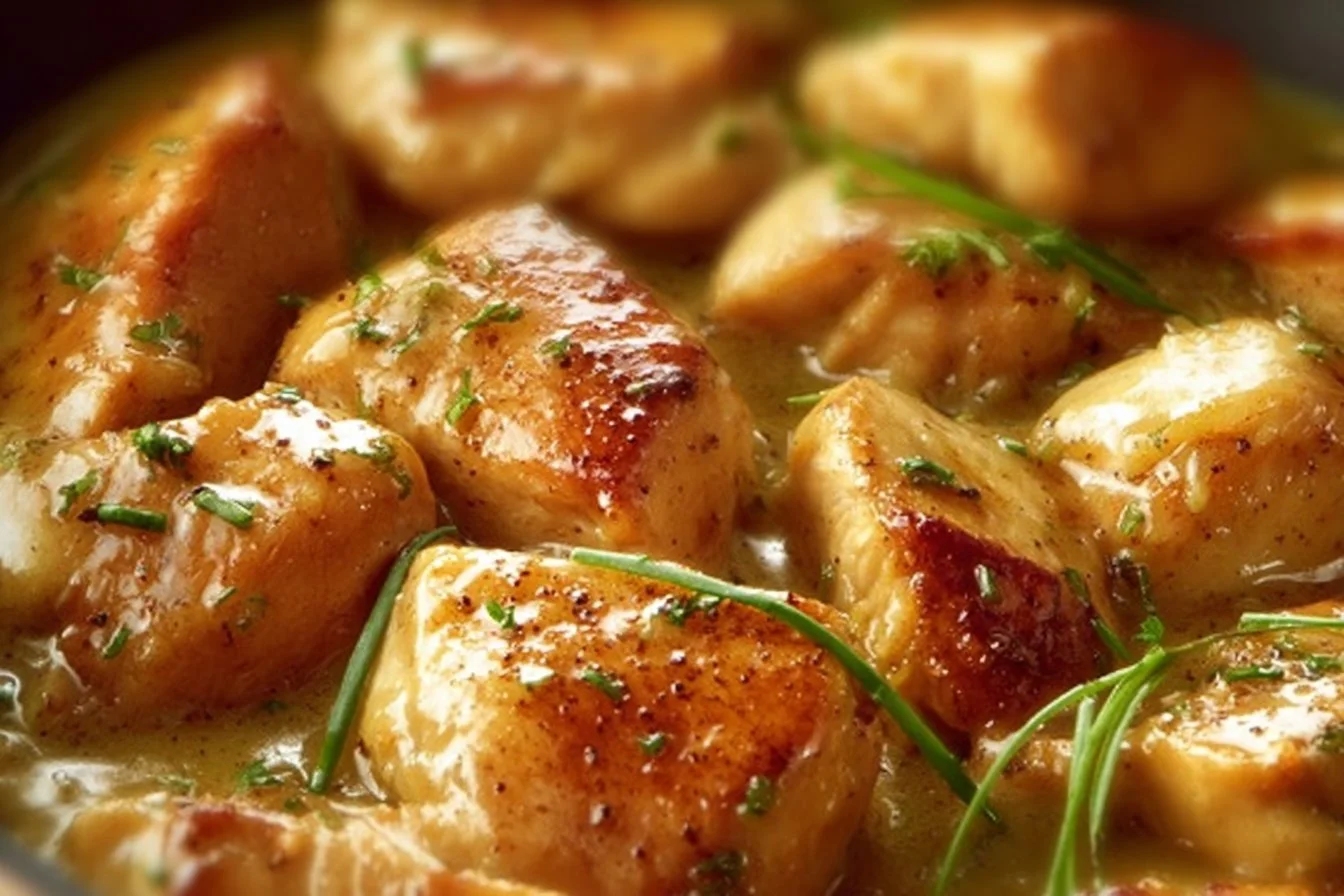 Delicious Ranch Chicken cooked in a crock pot, served with fresh herbs.