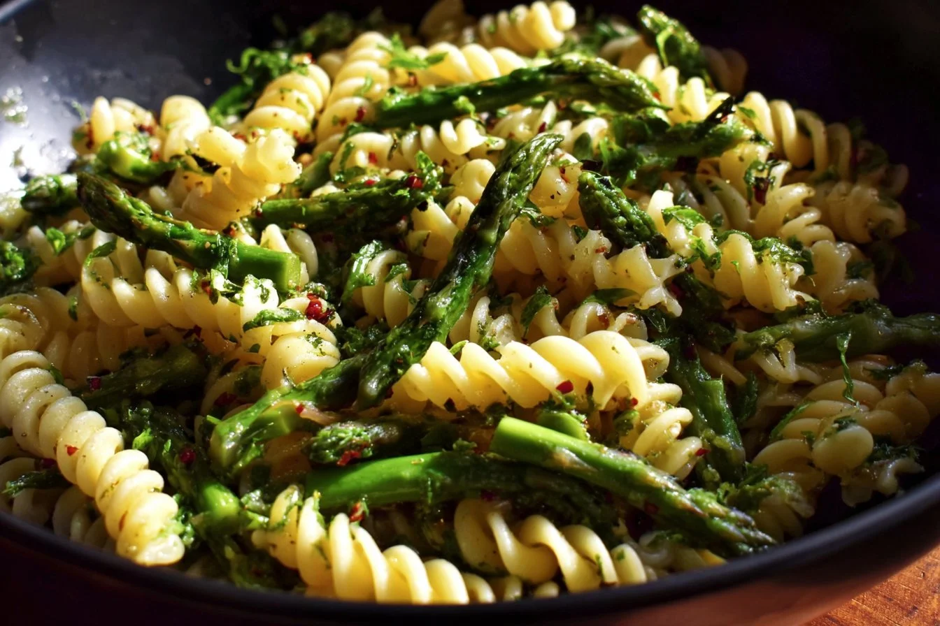 Roasted Asparagus Lemon Butter Pasta Salad garnished with fresh herbs and lemon slices
