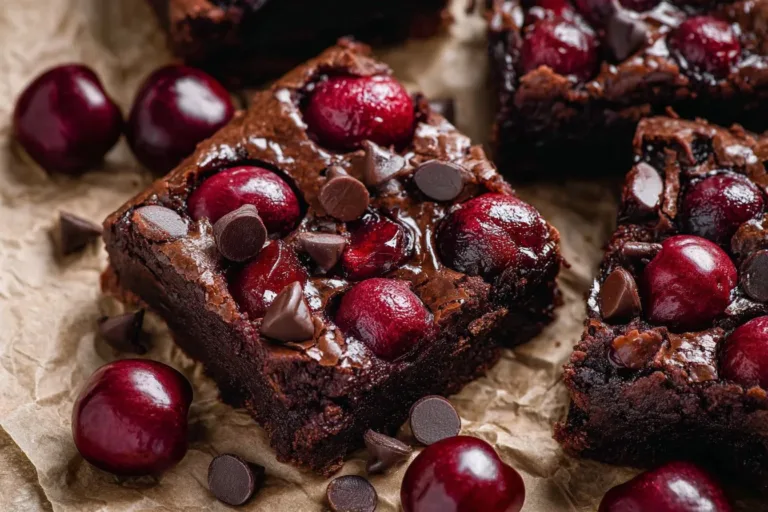 Delicious roasted chocolate cherry brownies topped with cherry slices.