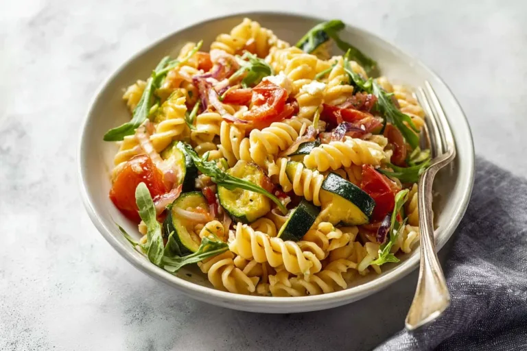 Bowl of roasted veggie pasta with feta cheese and colorful vegetables.