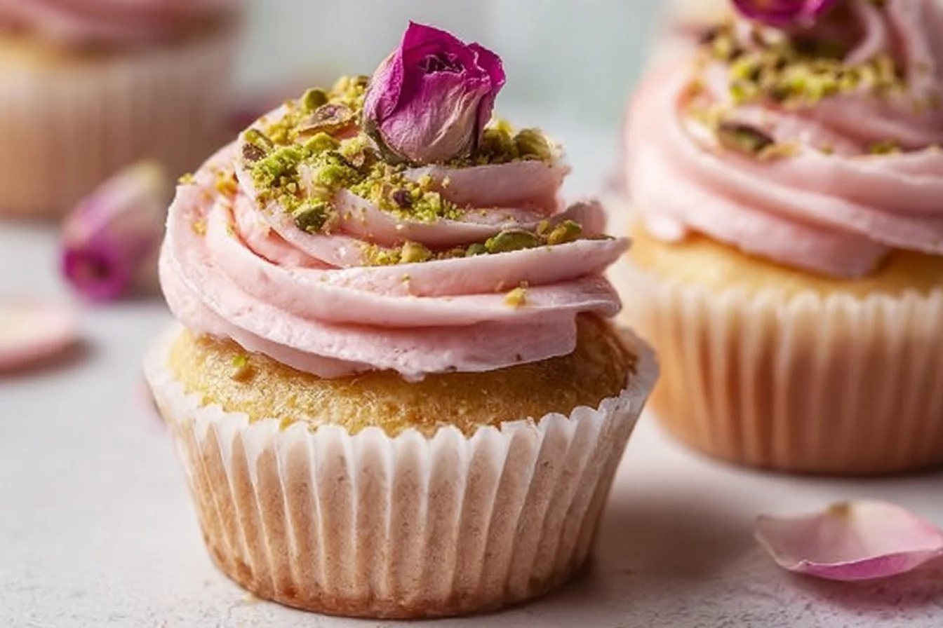 Delicious Rose and Pistachio Cupcakes topped with rose petals