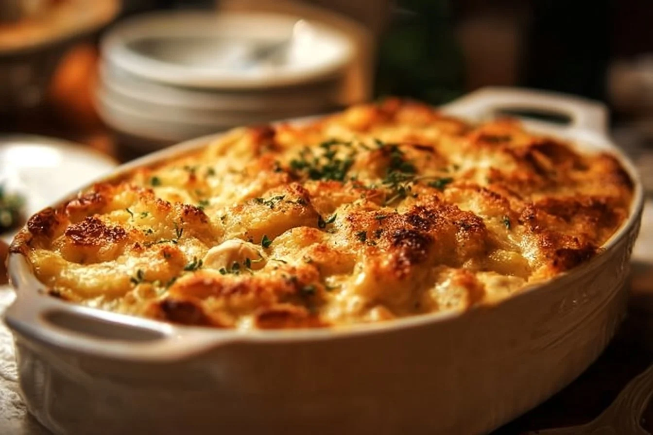 Delicious rotisserie chicken casserole topped with cheese and herbs