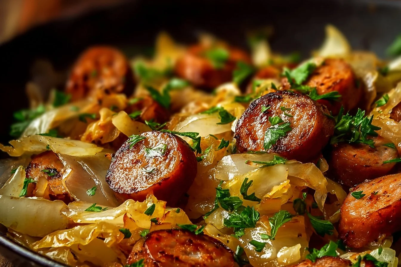 Sausage and cabbage stir fry cooked in a colorful skillet.