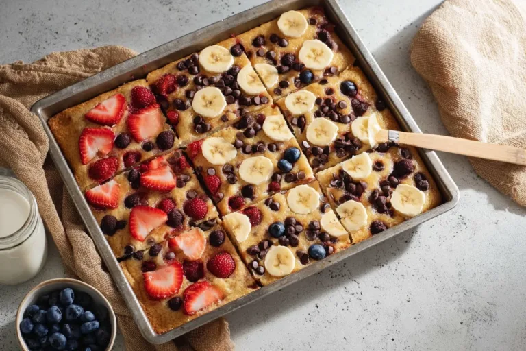 Delicious sheet pan pancakes baked in a large tray for easy serving.