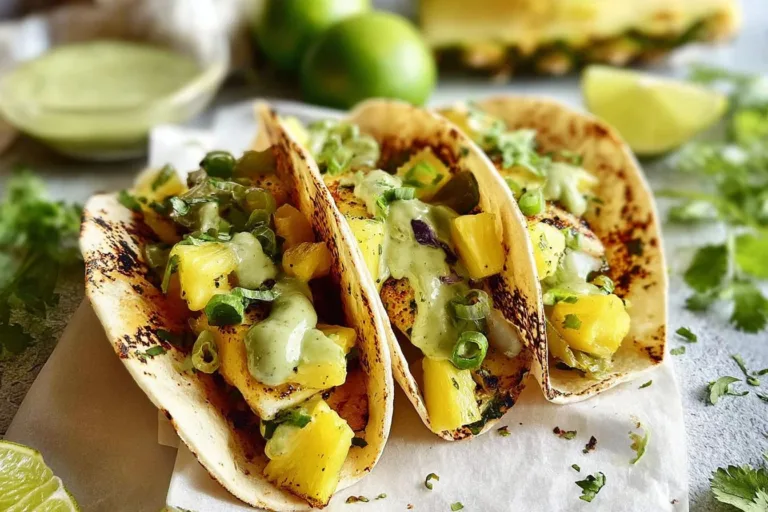 Sheet pan pineapple chipotle chicken tacos with jalapeno sauce served on a plate.