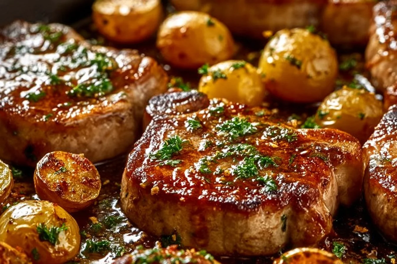 Sheet pan pork chops and potatoes ready to serve on a dinner plate