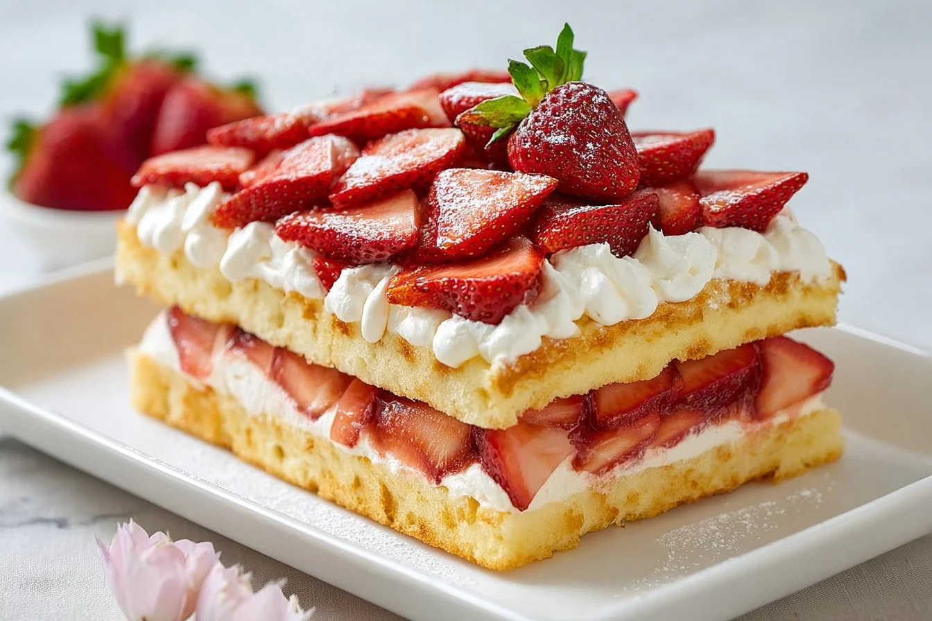 Delicious sheet pan strawberry shortcake topped with fresh strawberries and whipped cream.