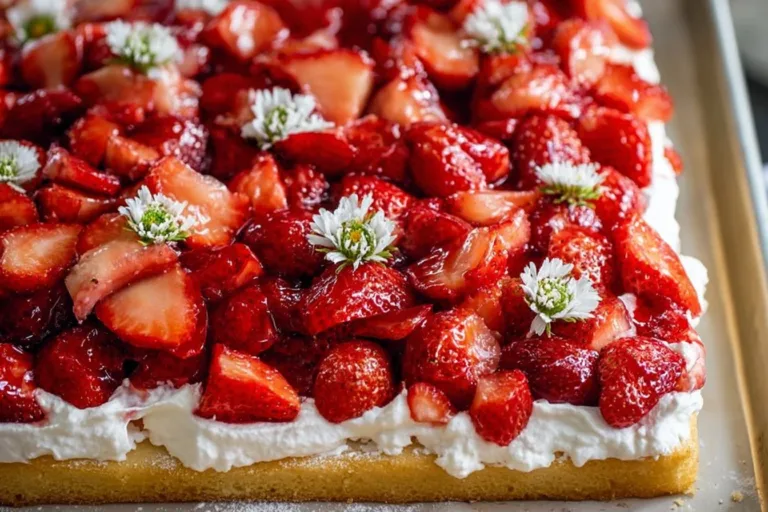 Delicious Sheet Pan Strawberry Shortcake topped with fresh strawberries and whipped cream