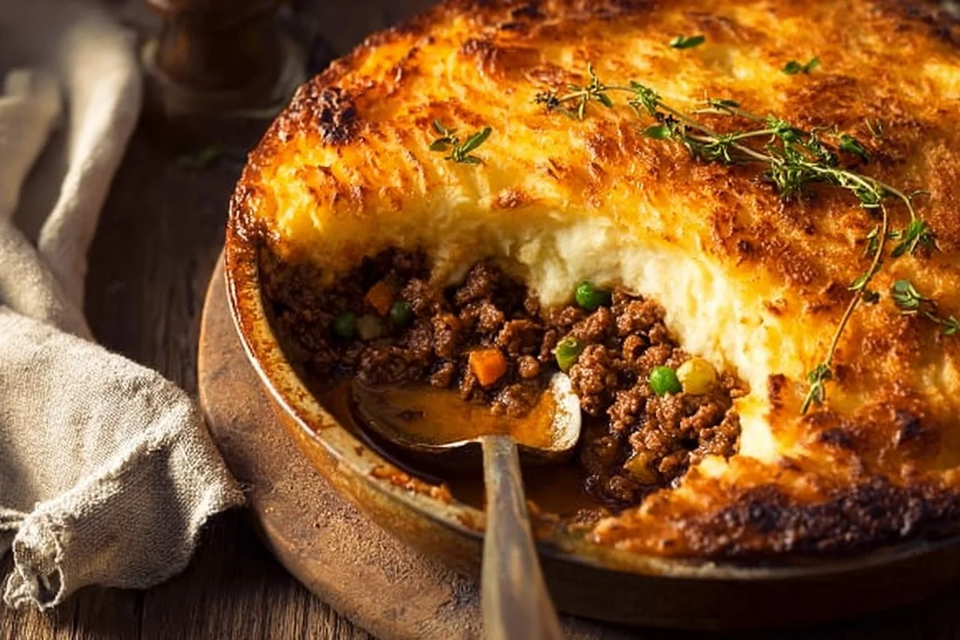 Delicious homemade Shepherd's Pie topped with creamy mashed potatoes