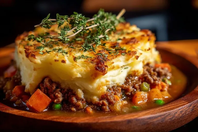 Delicious homemade Shepherd's Pie with layers of meat and creamy mashed potatoes