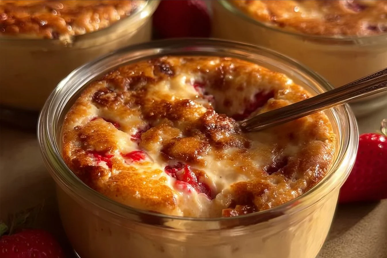 Single serving fluffy baked protein pancake bowl topped with fresh fruit.