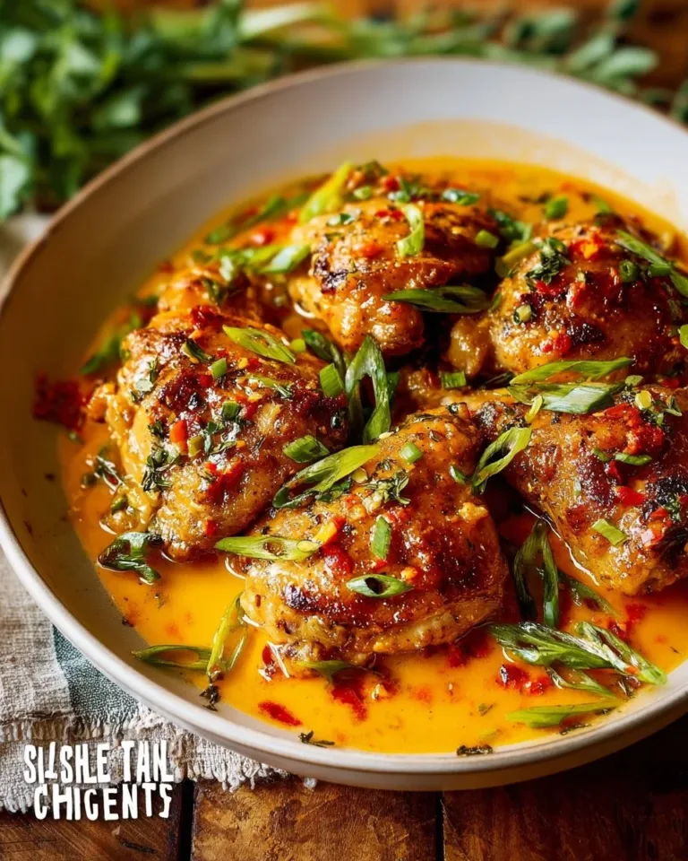Skillet Bang Bang Chicken Thighs with spicy sauce and garnishes