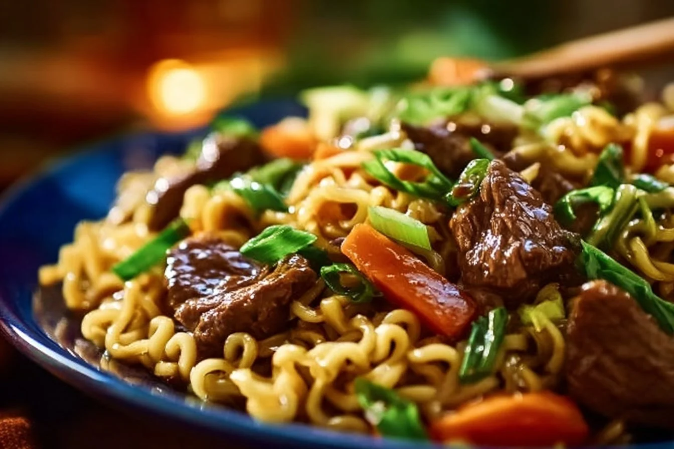 Delicious slow cooker beef ramen noodles served in a bowl.