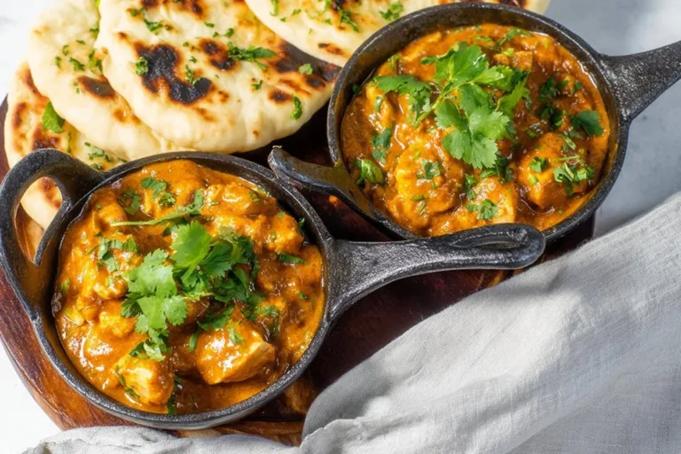 Slow cooker butter chicken served in a bowl with rice and garnish