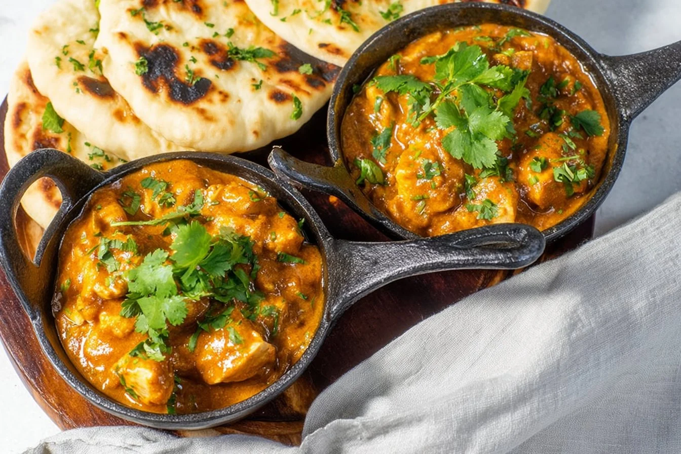 Slow cooker butter chicken served in a bowl with rice and garnish