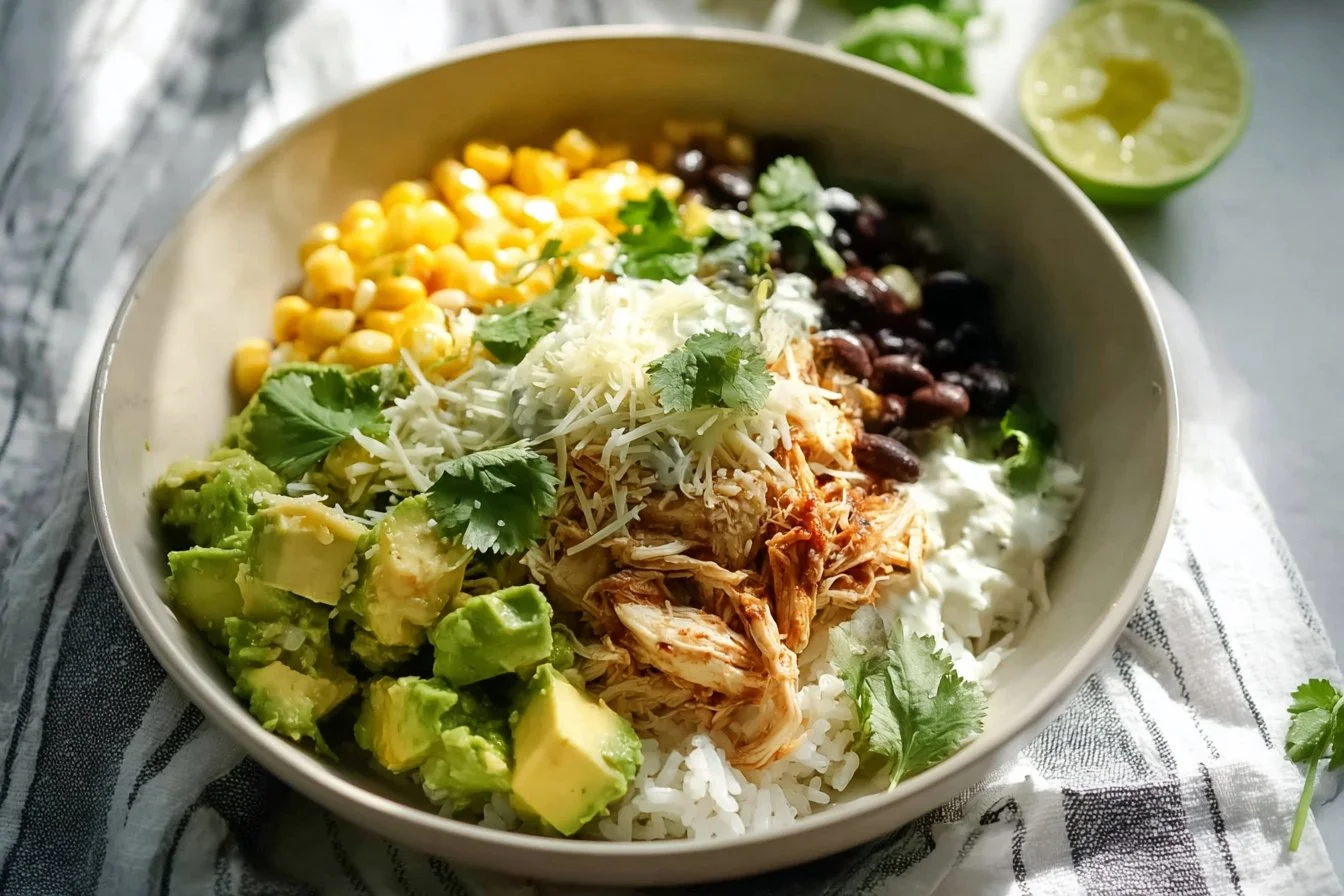 Delicious slow cooker chicken burrito bowl with fresh ingredients and toppings.