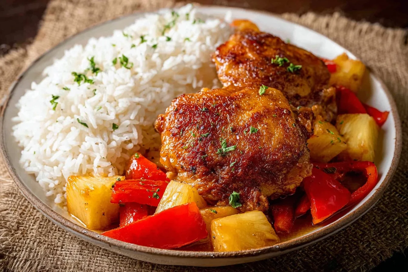 Slow Cooker Hawaiian Pineapple Chicken served in a bowl with pineapple chunks