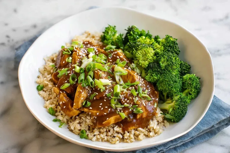 Slow Cooker Honey Garlic Chicken served with vegetables