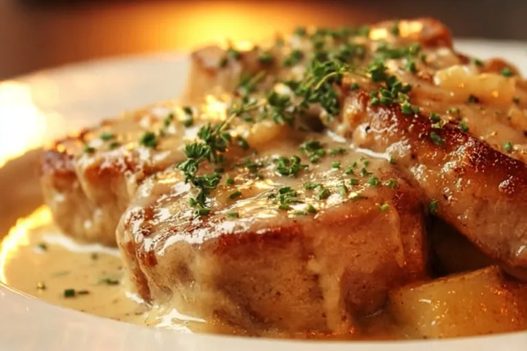 Smothered pork chop scalloped potato casserole dish served in a baking dish.