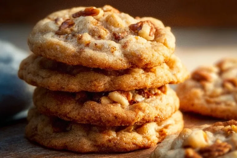 Freshly baked soft and chewy butter pecan cookies on a cooling rack.