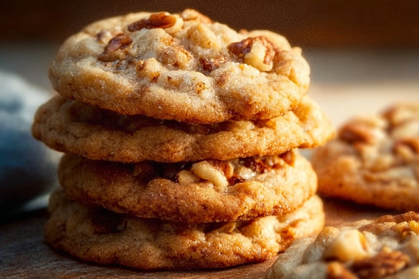 Freshly baked soft and chewy butter pecan cookies on a cooling rack.