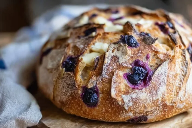 Freshly baked sourdough blueberry cream cheese bread loaf on wooden table.