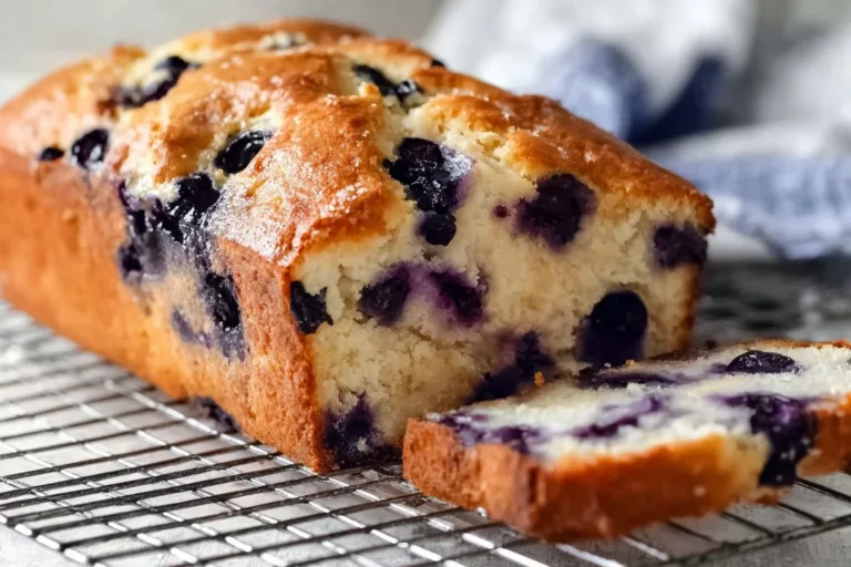Delicious sourdough discard blueberry and lemon quick bread on a wooden table