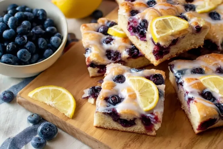 Sliced Sourdough Lemon Blueberry Focaccia Bread on a wooden board