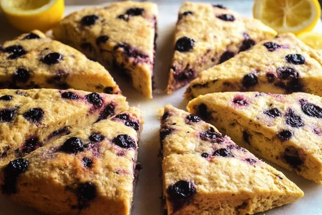 Freshly baked sourdough lemon blueberry scones on a wooden table