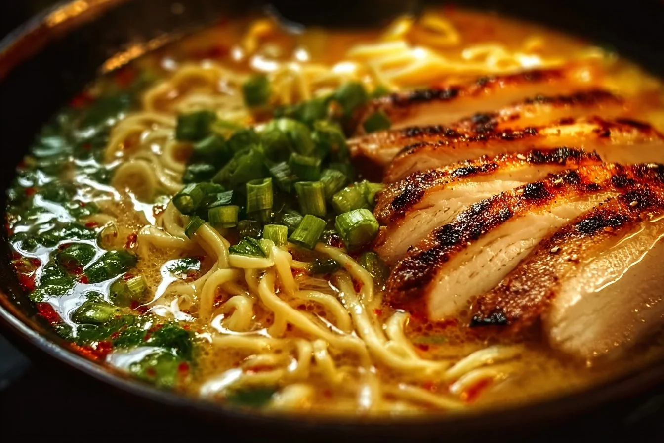 Fiery chicken ramen served in a bowl with creamy garlic sauce and fresh toppings.