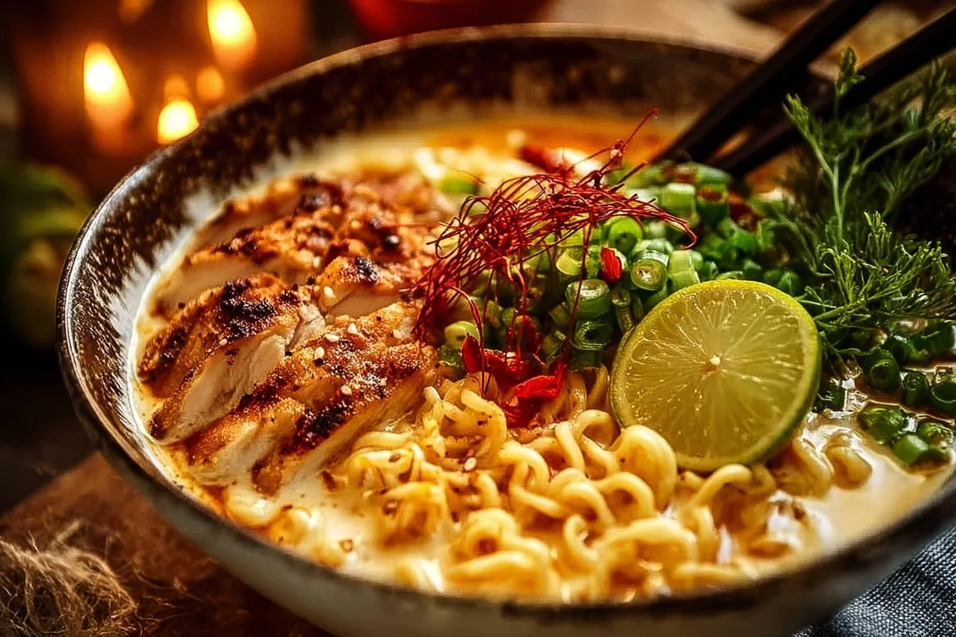 Spice Up Dinner: Fiery Chicken Ramen with Creamy Garlic Sauce